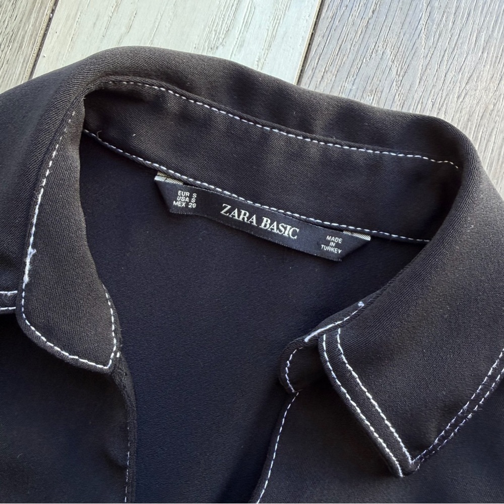 Zara Black Shirt Dress Contrast White Stitching Pockets | Size: Small - Picture 2 of 5